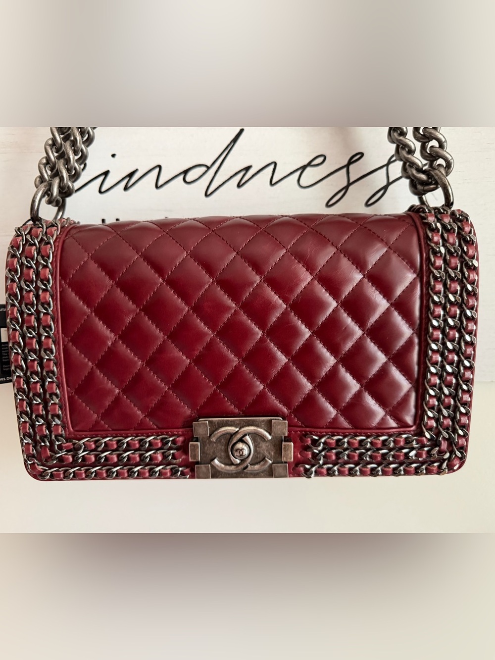 CHANEL Burgundy Chain Around Quilted Calfskin Maxi Le Boy Bag Ruthenium Purse CC - Picture 16 of 16